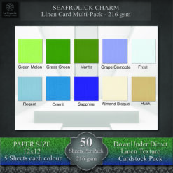 Seafrolick/Seafrolick Charm 12x12 Co-ordinating Linen Card Pack - 50 sheet Pack Pack contains - 10 Colours, 5 sheets of each colour - 216gsm These Linen colour packs co-ordinate beautifully with the Le Crystelle Seafrolick Charm Digital Patterned Paper and our Seafrolick Gradient Glitter card. They are especially suitable for packs to use in your class projects when you use the digital paper for various projects. Print the patterned paper as many times as you wish to enhance your scrapbook pages or help you with your class ideas.